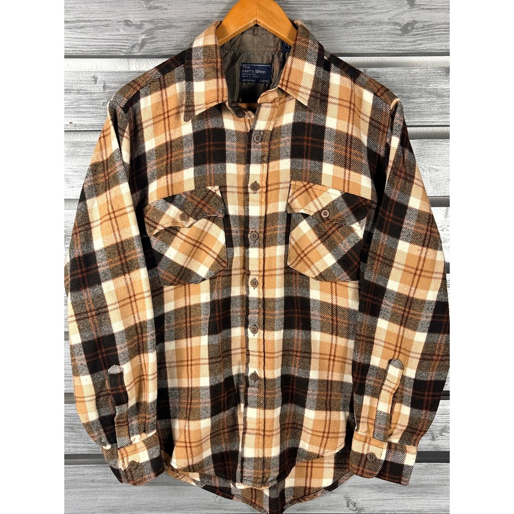 Vintage 80s JCPenney Mens Plaid Flannel Shirt Brown Tan Acrylic Grunge L